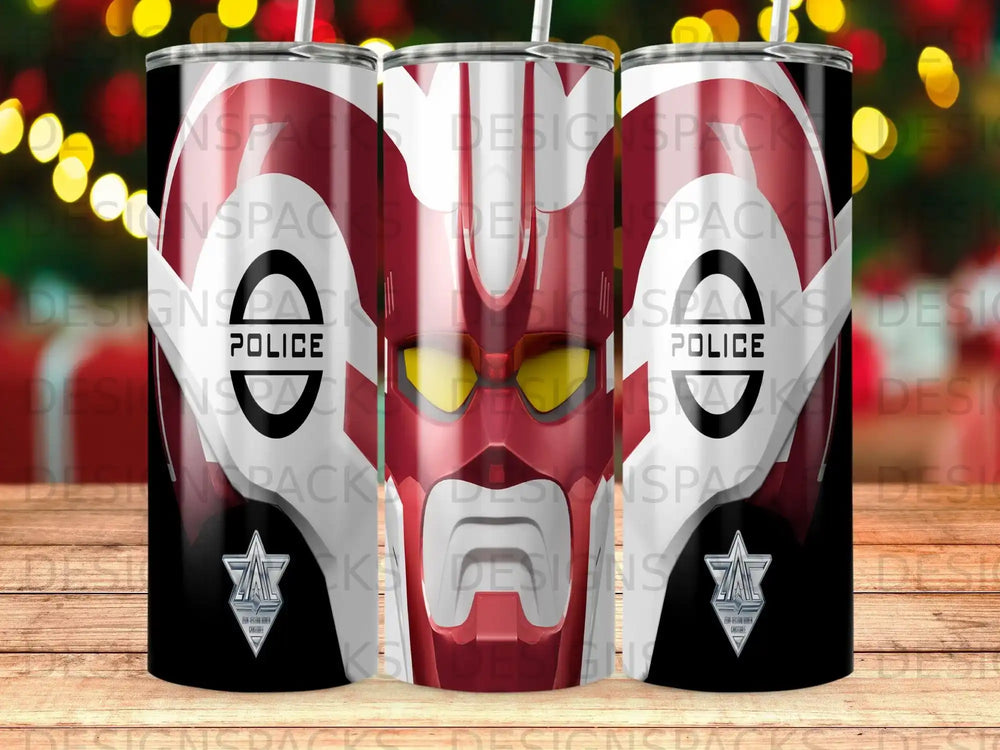 Red and white superhero-style helmet with police badge and "POLICE" text.