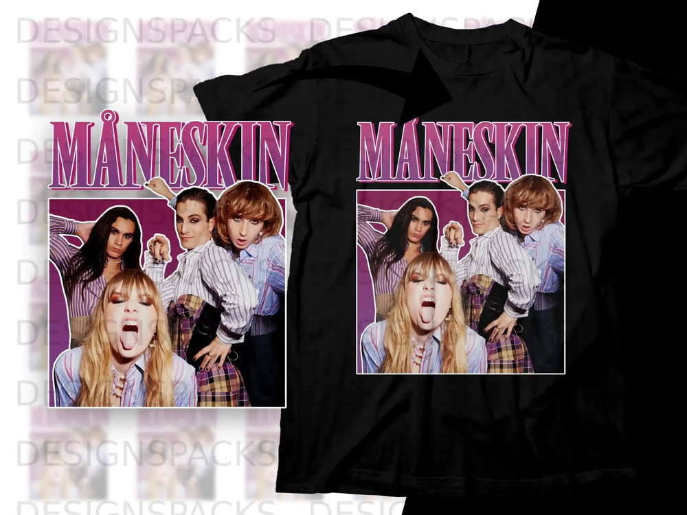 Måneskin band members on a t-shirt design with "Måneskin" text.