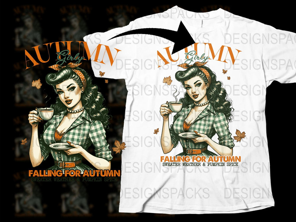 Vintage Pin-Up Girl Autumn T-Shirt, Retro Style Fall Graphic Tee, Pumpkin Spice, Casual Fashion Top for Women and Men
