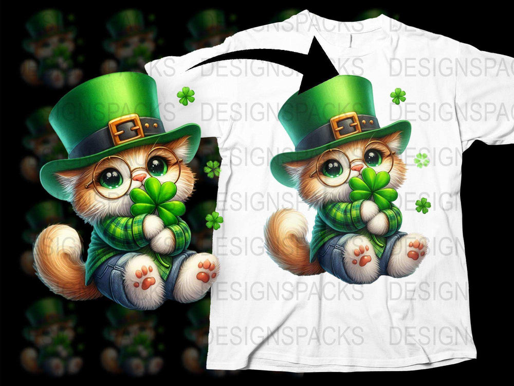St. Patrick's Day Cat T-Shirt, Cute Kitten with Clover, Irish Festival Graphic Tee, Unisex Adult Clothing
