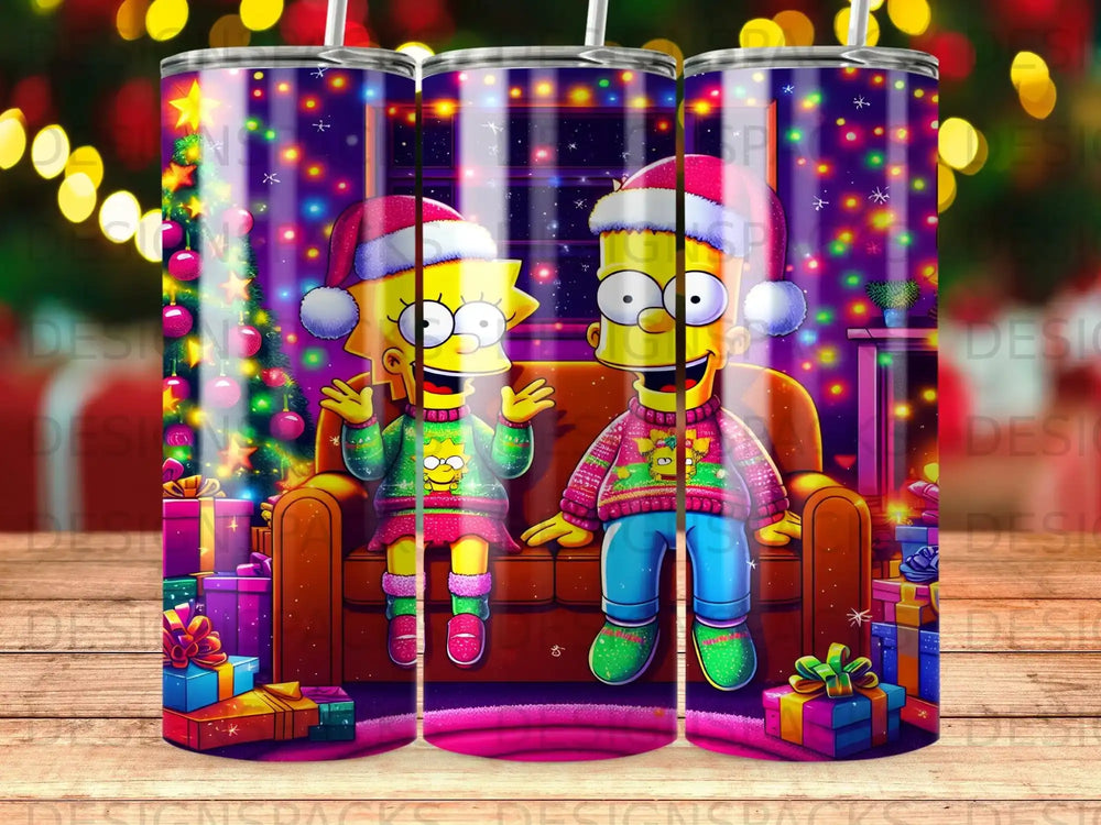 Lisa and Bart Simpson in Christmas sweaters and hats with presents and a tree.