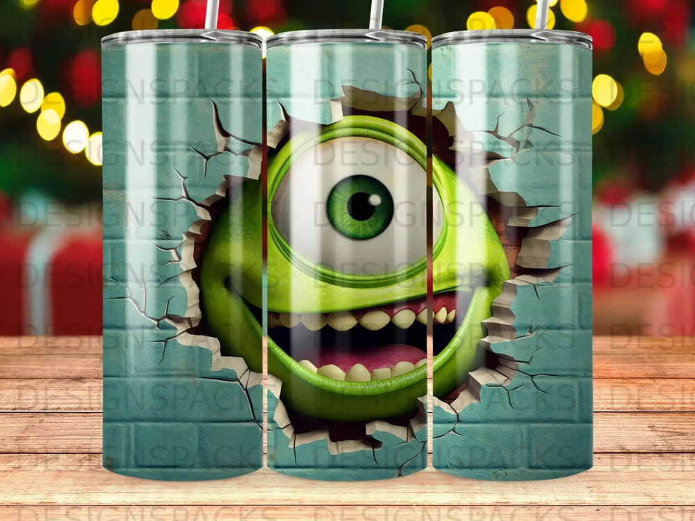 Mike Wazowski monster peeking through cracked wall with blurred background.