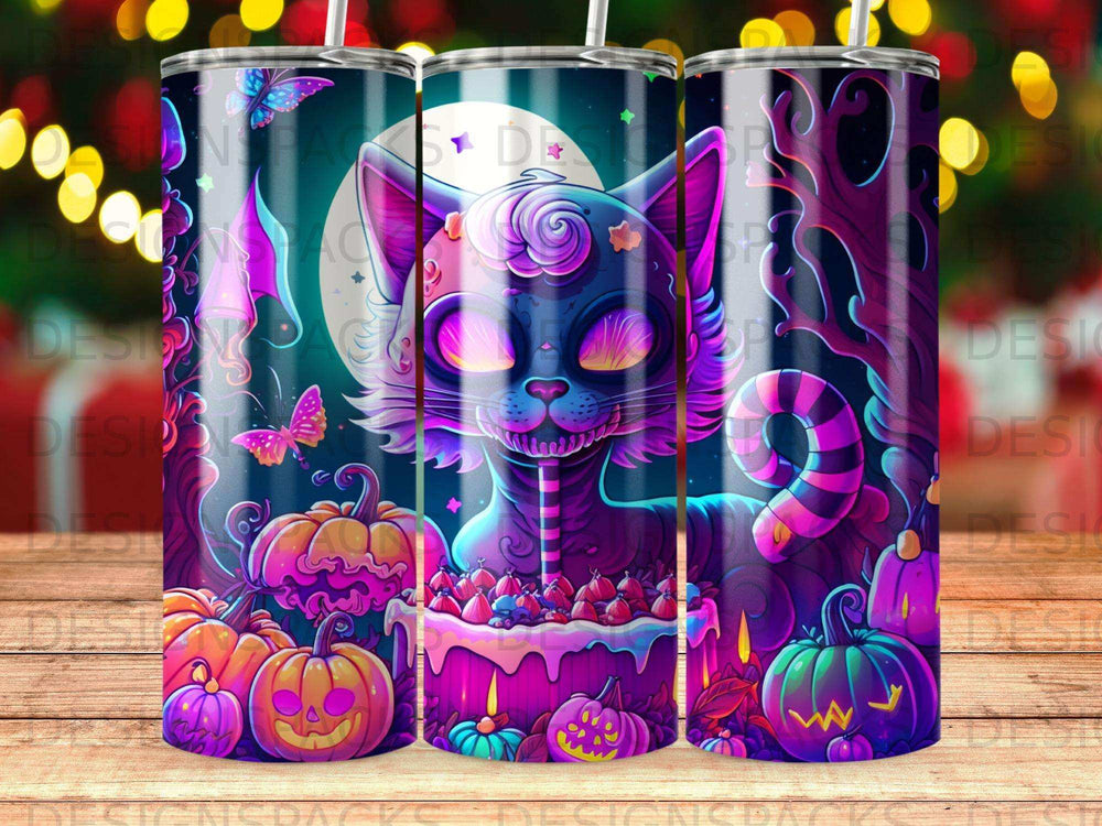 Whimsical black cat with glowing eyes on a Halloween-themed tumbler.
