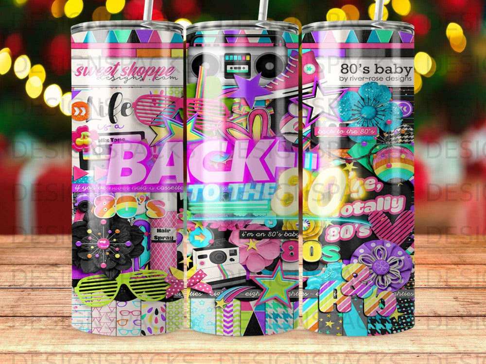 Retro 80s themed tumbler with cassette, hairspray, and neon graphics.