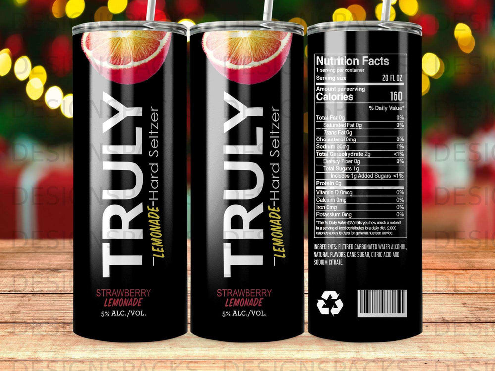 Truly Hard Seltzer can, with strawberry lemonade flavor and nutrition facts.