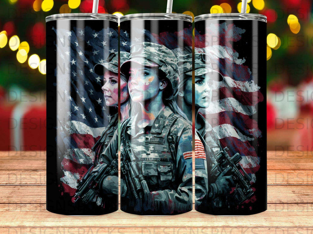 Three soldiers in military uniform with American flag background.