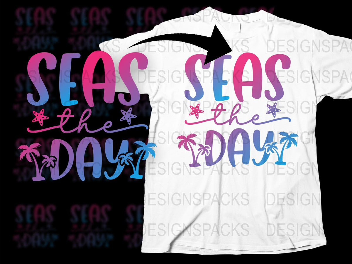 Seas the Day T-Shirt, Beach Palm Trees Graphic Tee, Colorful Summer Vacation Shirt
