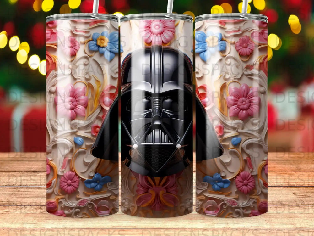 Darth Vader helmet on a tumbler with floral and abstract patterned background.