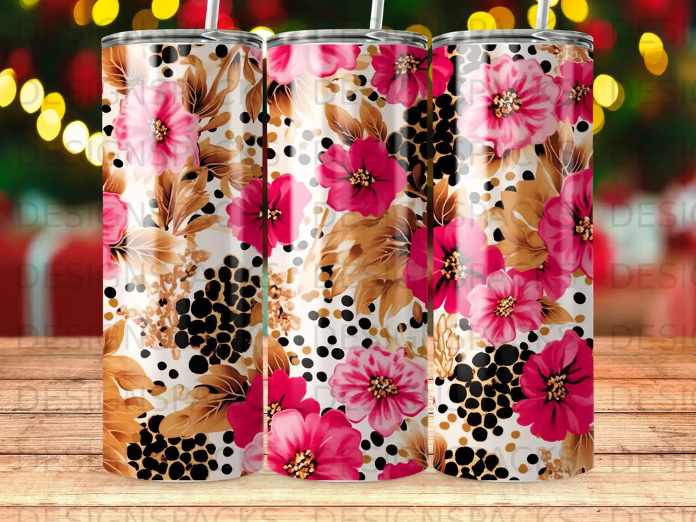 Three tumblers with a floral and leopard print pattern.