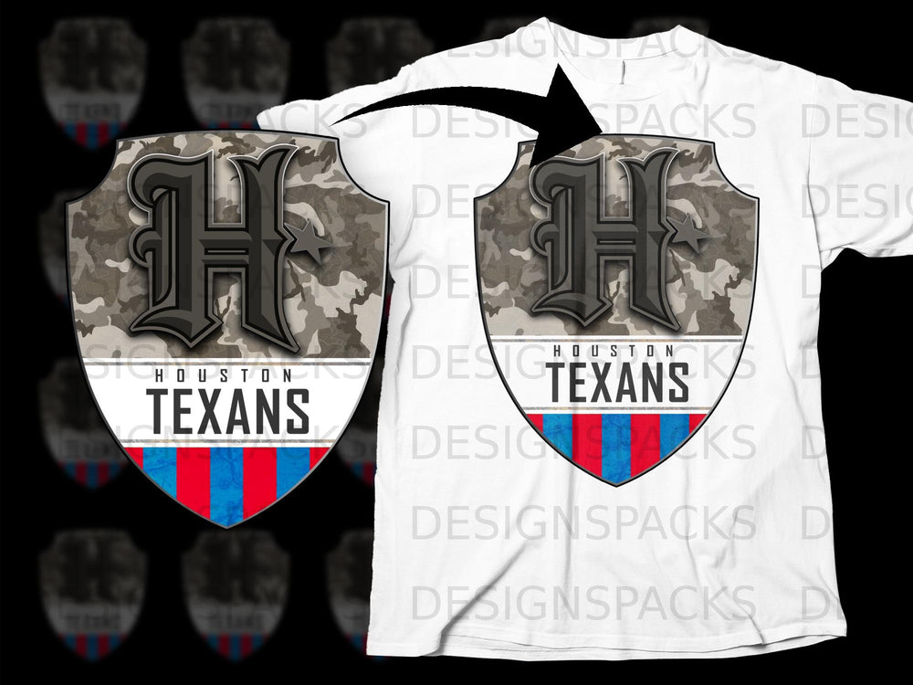Houston Texans shield logo with camouflage background and red and blue stripes.
