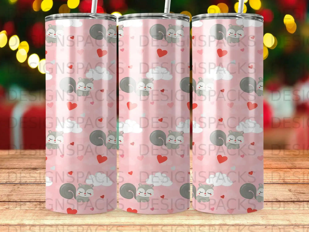 Pink tumbler with repeated pattern of squirrels and hearts.