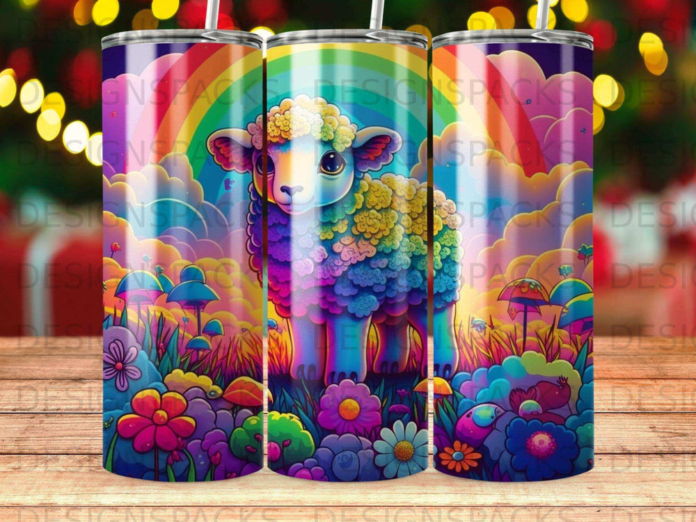 Rainbow sheep with colorful flowers and mushrooms in a whimsical meadow.