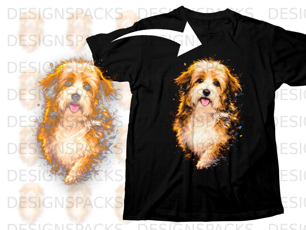 Black t-shirt with a colorful, abstract dog graphic design.