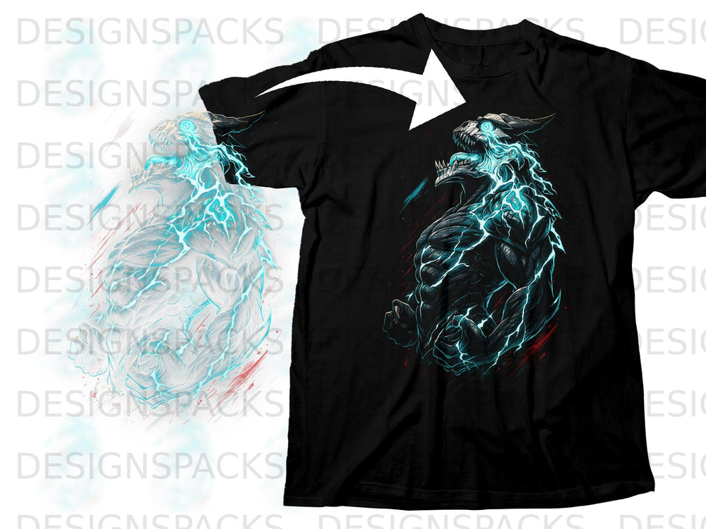 Black t-shirt featuring a muscular dragon with glowing blue energy and lightning.