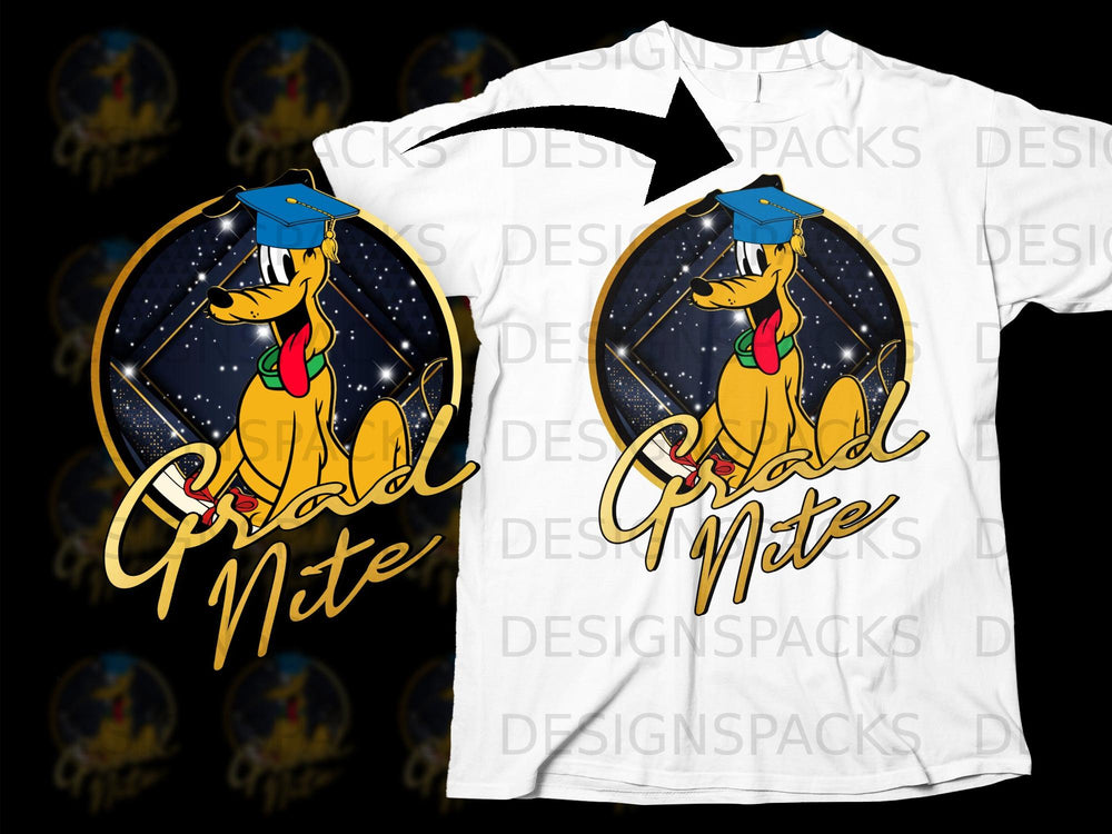 Pluto wearing a graduation cap with "Grad Nite" text.