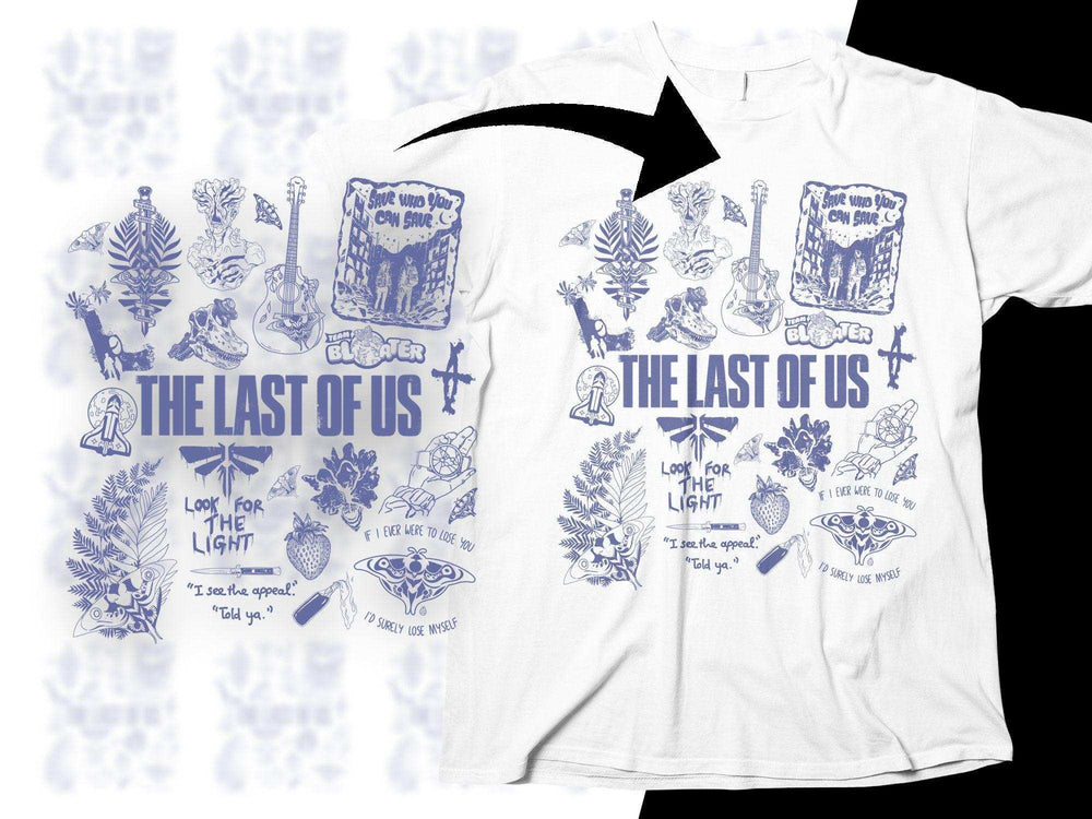 The Last of Us themed t-shirt with blue graphic designs, quotes, and symbols for DTG/DTF printing.