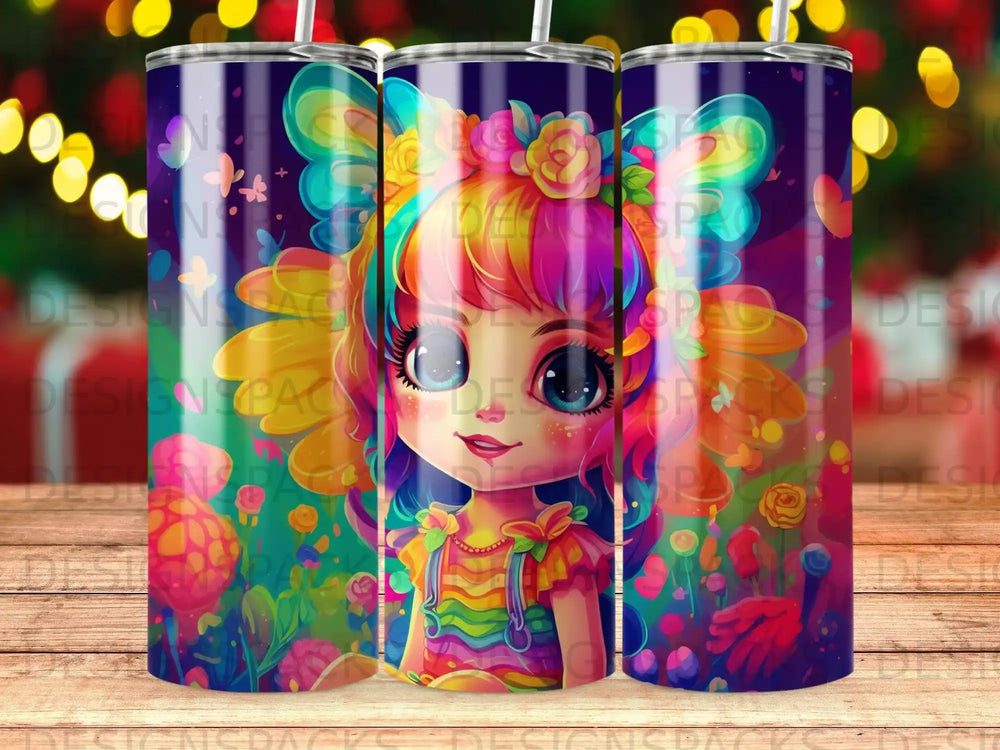 Cartoon girl with colorful hair and floral headdress on a patterned background.