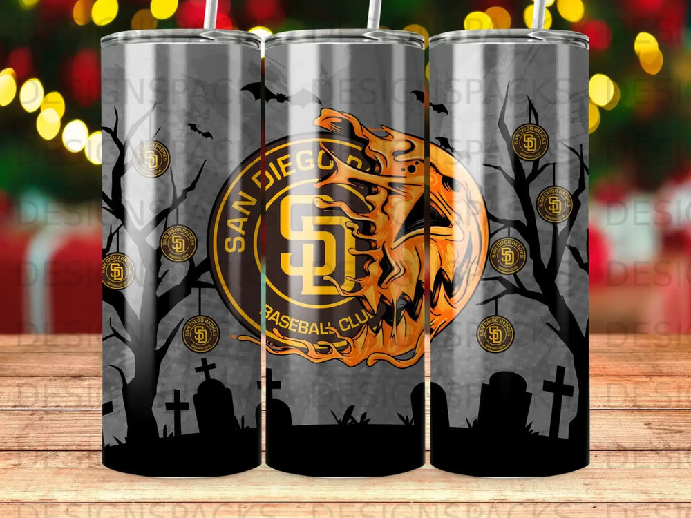 San Diego Padres baseball tumbler with graveyard and bats Halloween theme.