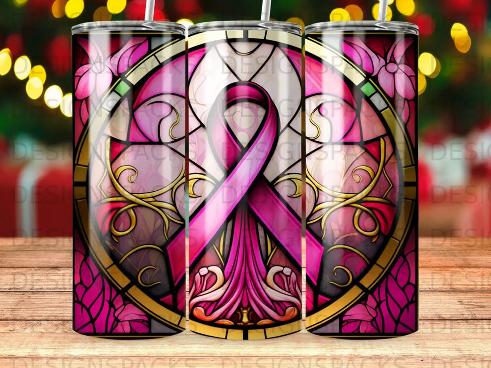 Pink ribbon in stained glass design with floral accents and bokeh lights.