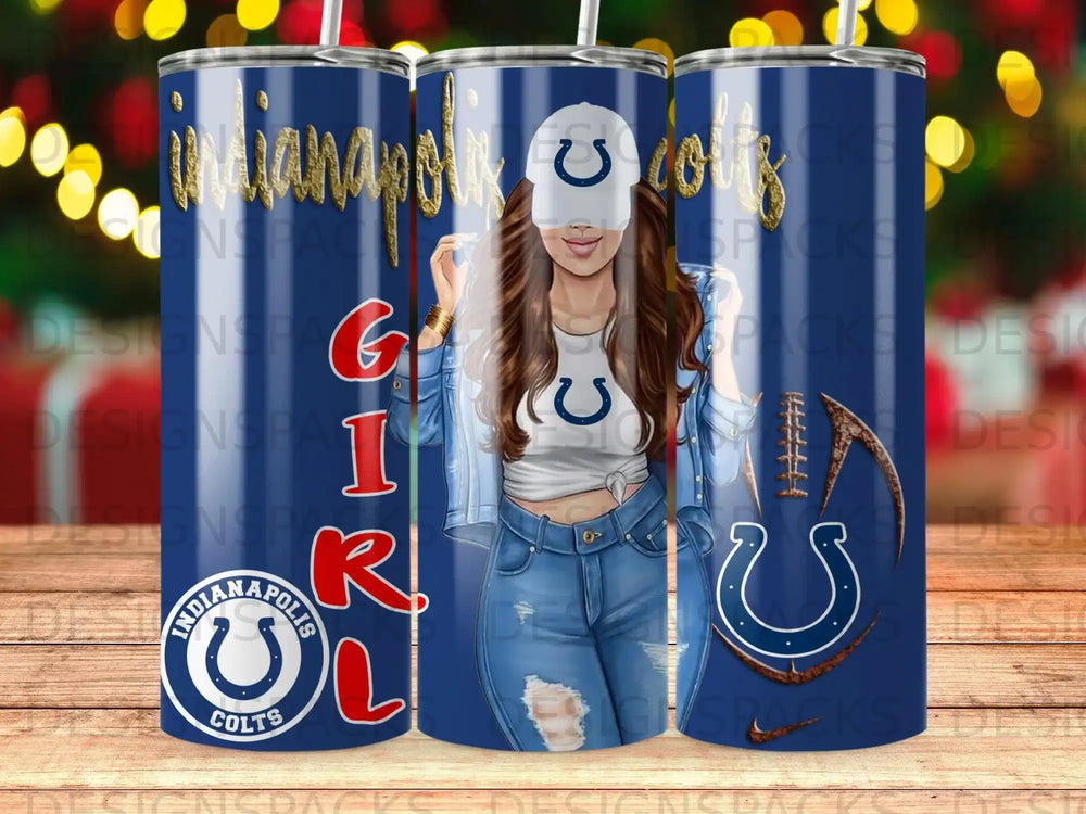 Indianapolis Colts tumbler with woman wearing team apparel.