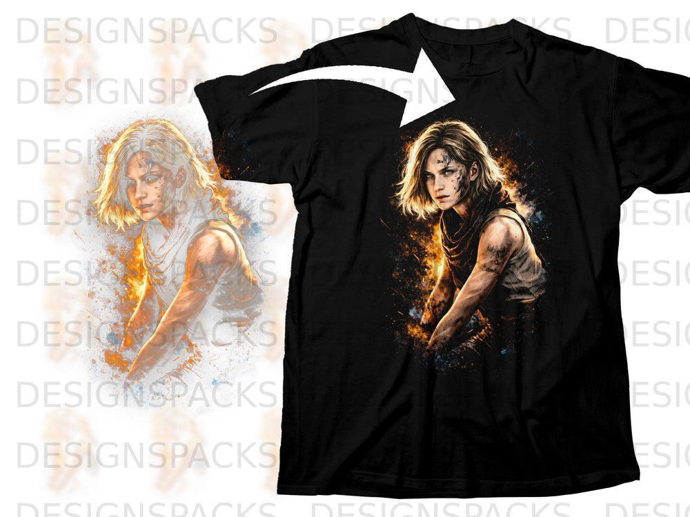 Black t-shirt featuring a graphic of a woman with blonde hair and facial markings.