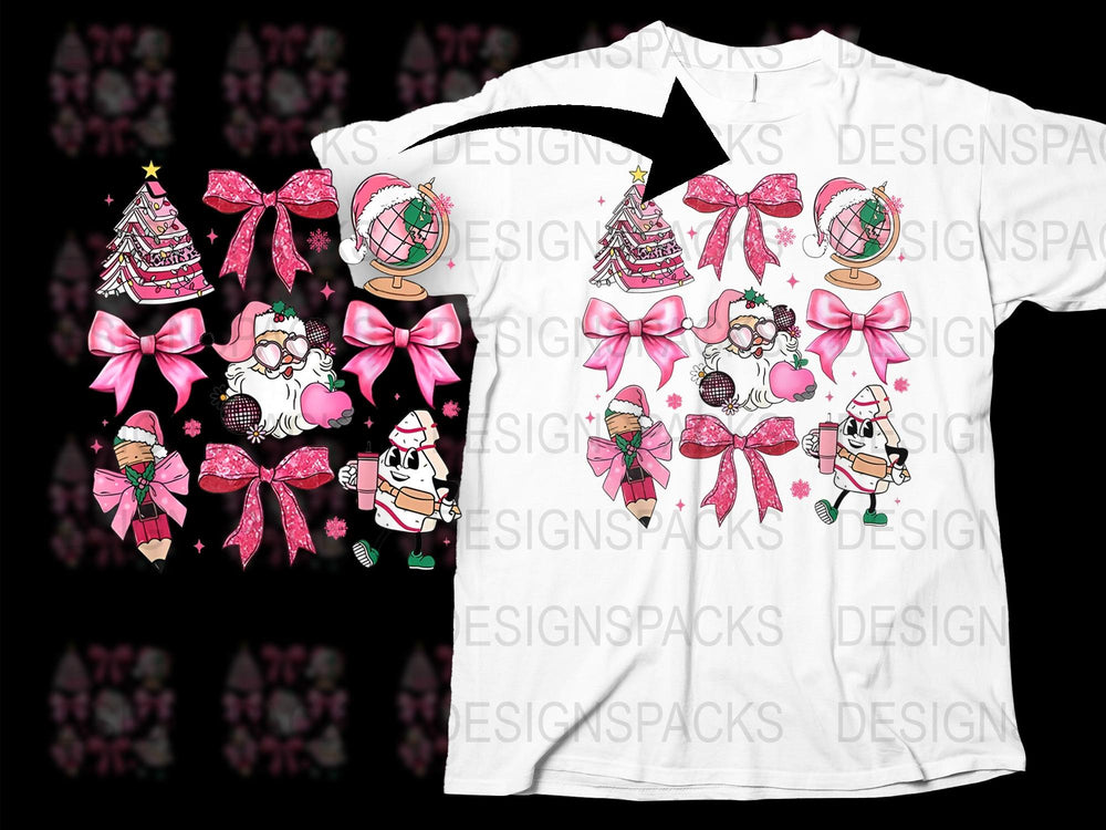 Christmas T-Shirt with Snow Globe, Santa, and Pink Ribbons, Festive Holiday Apparel for All Ages