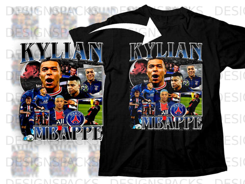 Black t-shirt with Kylian Mbappé graphics and text.