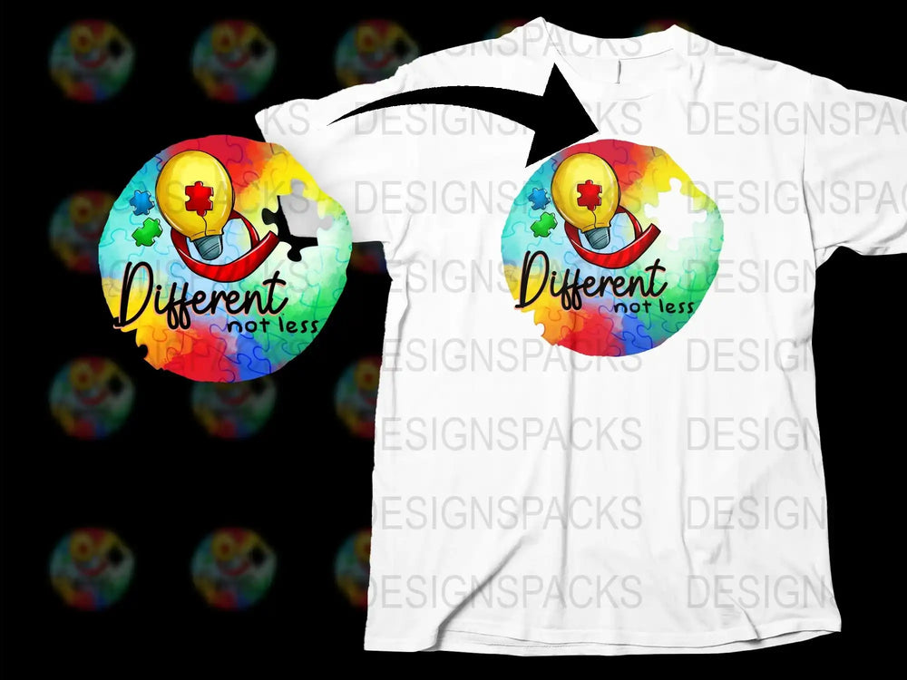 Colorful Autism Awareness T-Shirt Different Not Less Puzzle Piece Design Unisex Tee