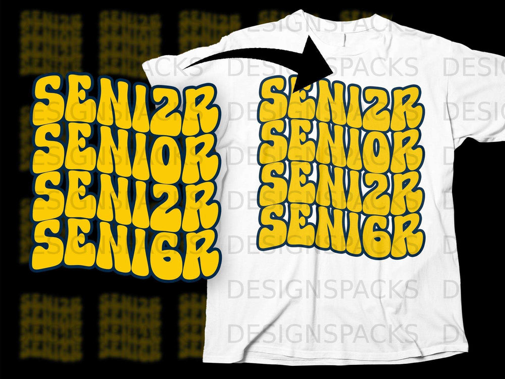 Yellow "SENIOR" text on a white t-shirt, with a black background pattern.