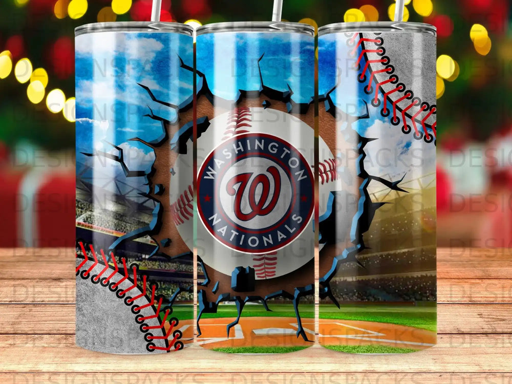 Washington Nationals baseball logo on cracked concrete with stadium background.