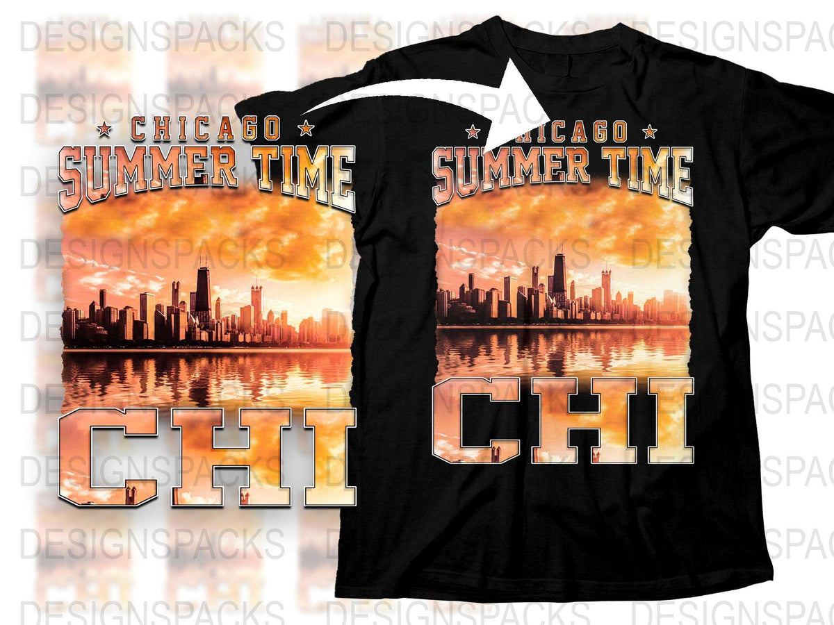 Chicago Summer Time T-Shirt, Skyline Sunset Graphic Tee, Chi City Casual Fashion Top