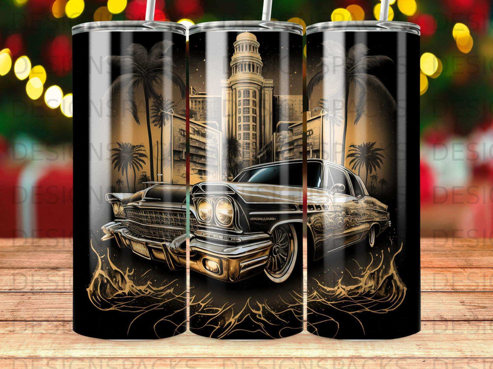 Vintage gold car with ornate flames in front of a city building.
