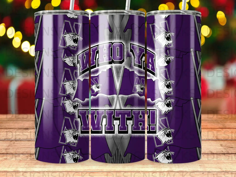 Purple tumbler with "Who Ya With!" text and Panthers mascot.
