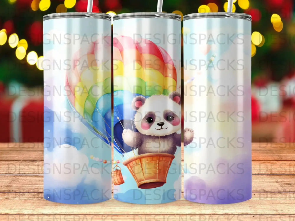 Panda in hot air balloon with rainbow clouds and geometric patterns.