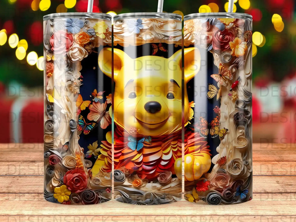 Winnie the Pooh in a floral frame with butterflies and bokeh lights.