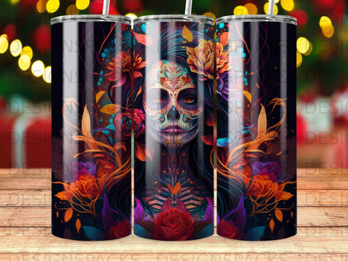 Day of the Dead skull with colorful flowers and dark background.