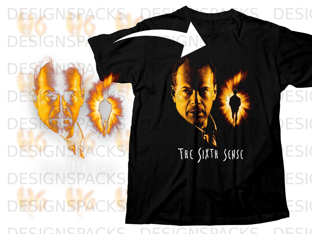 Black t-shirt with "The Sixth Sense" movie poster art featuring Bruce Willis and a silhouette.