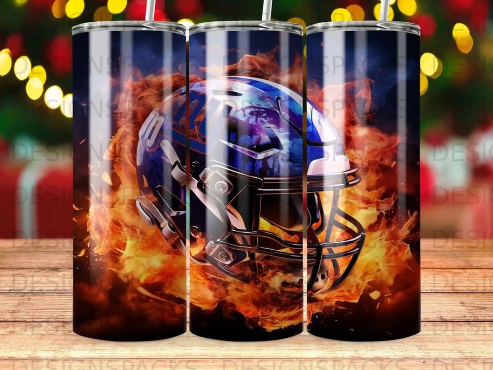Blue football helmet with flames, detailed design for tumbler.