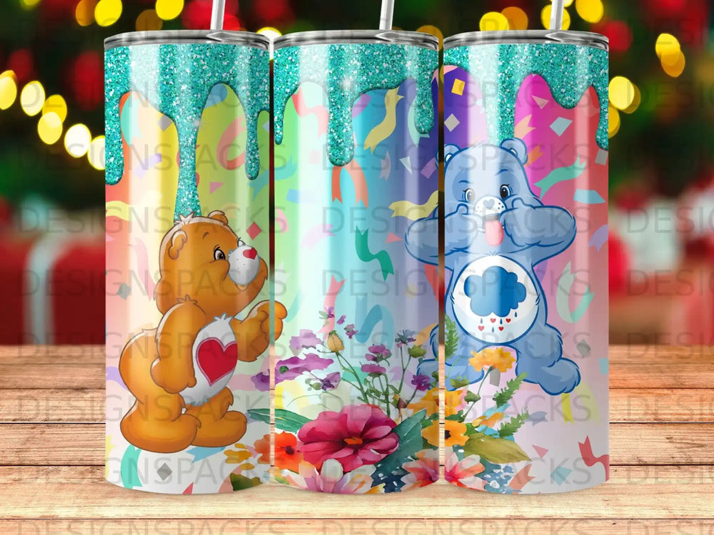 Care Bears graphic on a tumbler with glitter and confetti accents.