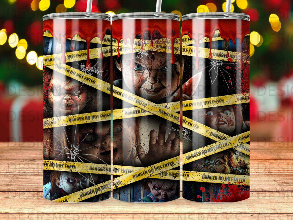 Creepy doll faces behind yellow "DANGER DO NOT ENTER" tape.