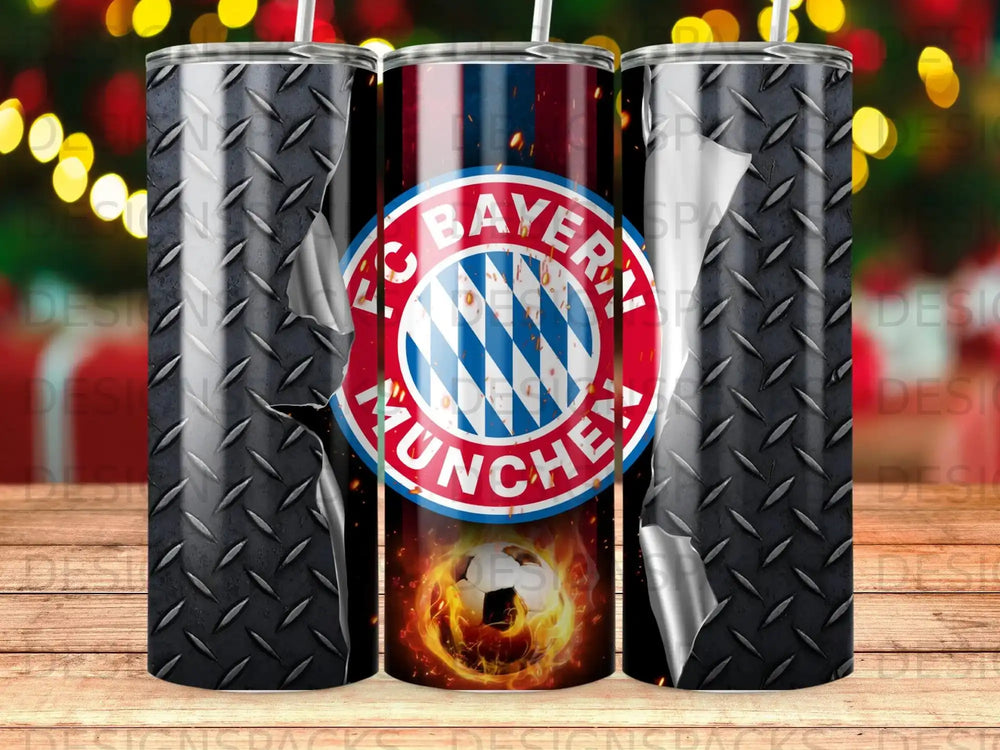 Tumbler with Bayer Munich logo and fiery soccer ball design.