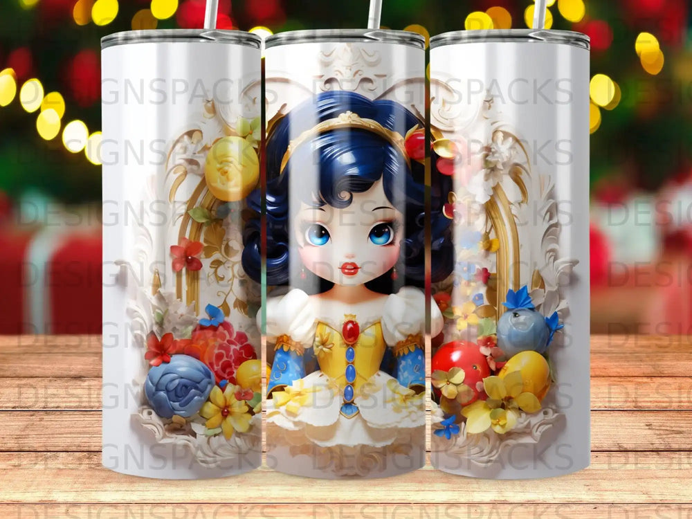 Cartoon princess with blue hair and yellow dress, surrounded by flowers.