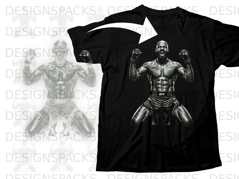 Black t-shirt featuring Jon Jones artwork with UFC logo on shorts.