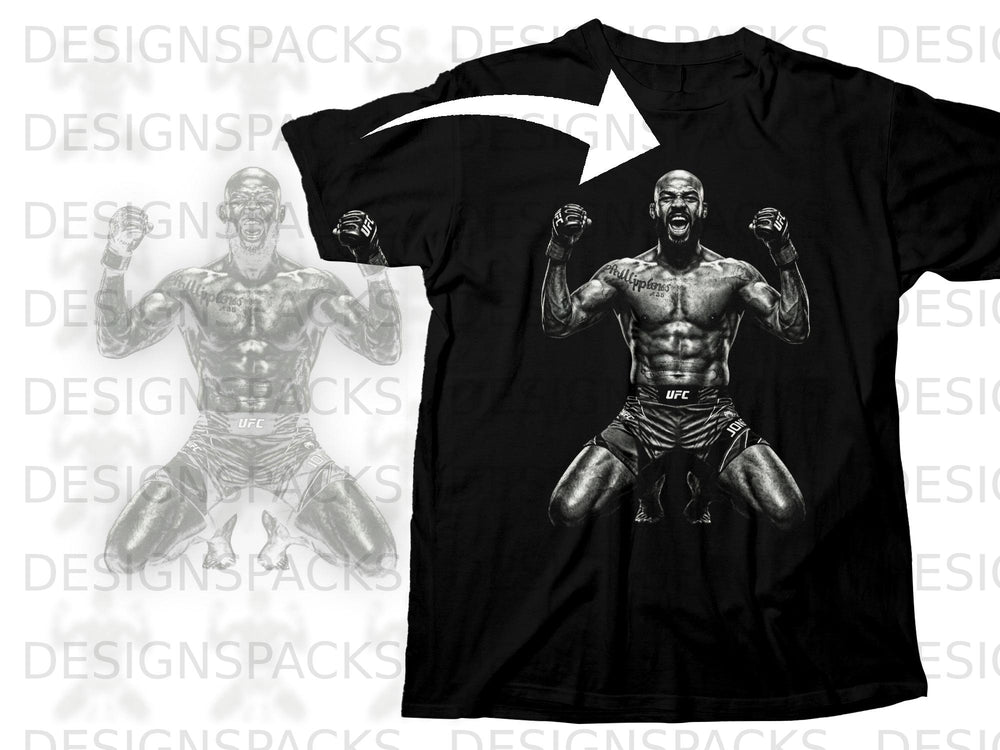 Black t-shirt featuring Jon Jones artwork with UFC logo on shorts.