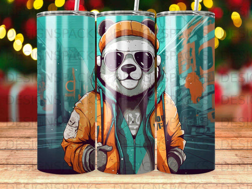 Panda wearing sunglasses and an orange hoodie on a tumbler.