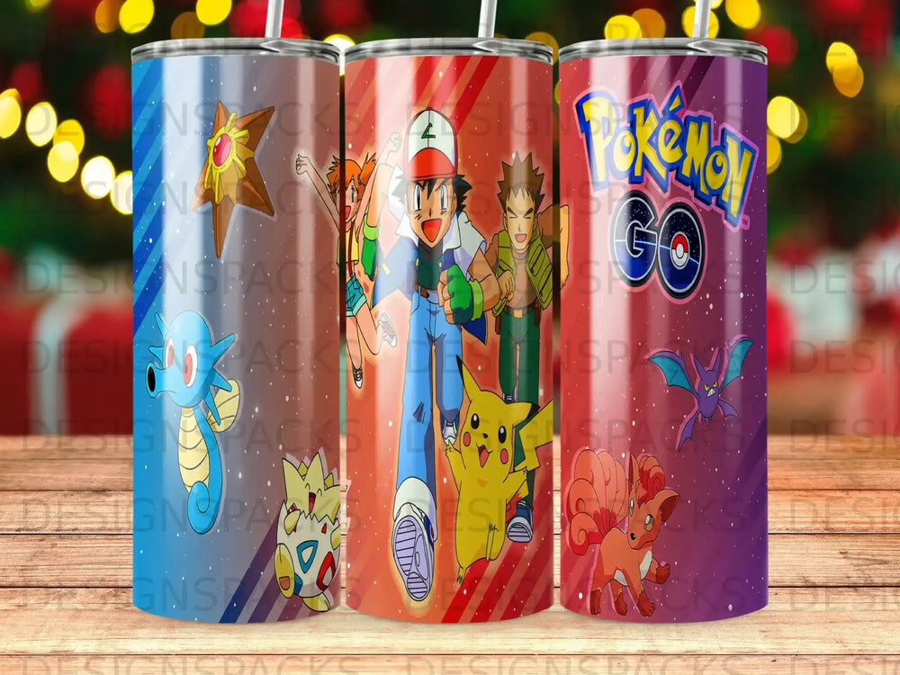 Pokemon tumblers featuring Ash, Pikachu, Squirtle, and Charmander.
