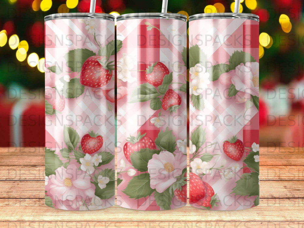 Pink and green floral pattern with strawberries and white flowers.