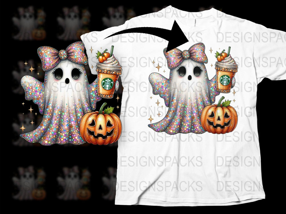 Halloween Ghost T-Shirt, Cute Spooky Tee, Pumpkin and Coffee Graphic, Glitter Stars, Unisex Fall Shirt Design