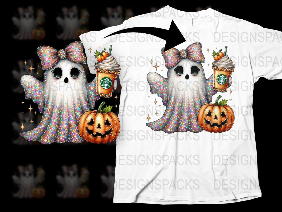 Halloween Ghost T-Shirt, Cute Spooky Tee, Pumpkin and Coffee Graphic, Glitter Stars, Unisex Fall Shirt Design