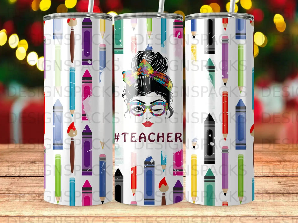 Teacher tumbler with colorful crayons and paint brush designs.